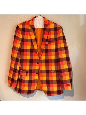Shinesty Funky "That 70s Suit" Orange Yellow Brown Plaid Blazer Size 40